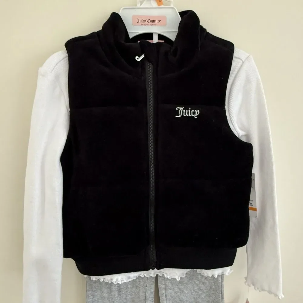 Juicy Couture 3 Piece Long Sleeve Shirt Vest & Pants Set Bling Logo NWT Girls 6X